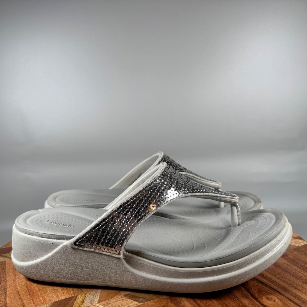 Crocs LiteRide Sequin Flip Flop Silver Grey Platform Wedge Sandals Womens Size 9